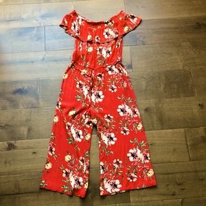 BOHO Red Floral Jumpsuit Romper Off shoulder